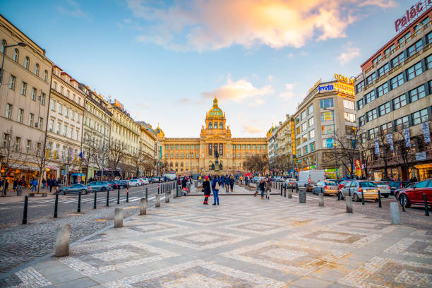 Prague, Czech Republic - January 12, 2019: People on Wenceslas Square at sunset lights in Prague in Czech Republic.